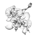 A sad doll face surrounded by orchids tattoo design idea