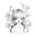 A sad doll face surrounded by orchids tattoo design idea