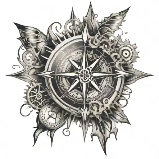 Create a tattoo of a compass rose intertwined with motorcycle gears and sports betting symbols tattoo design idea