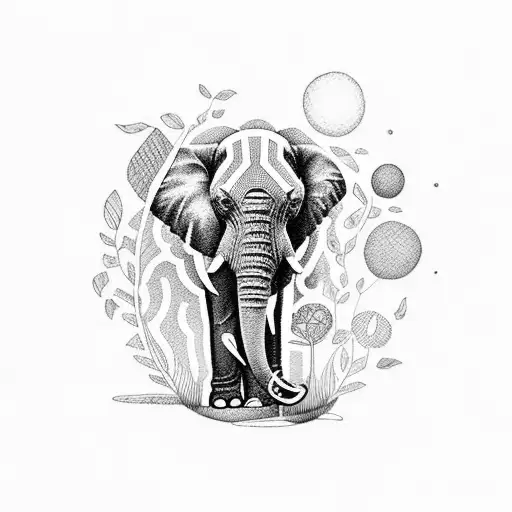 A garden scene with a drumming elephant and a Boston terrier tattoo design idea