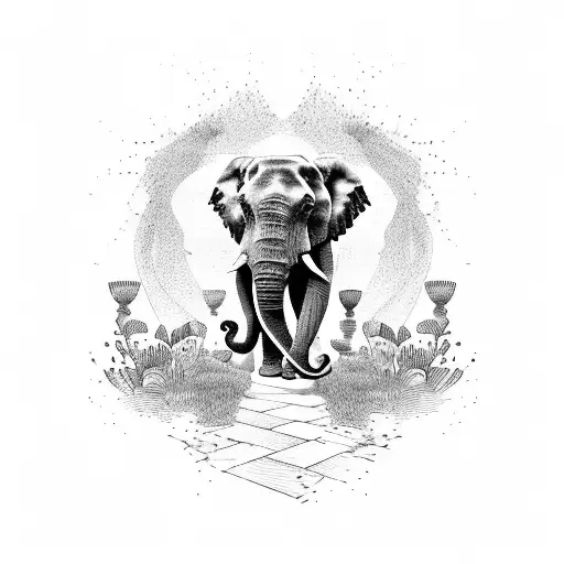 A garden scene with a drumming elephant and a Boston terrier tattoo design idea