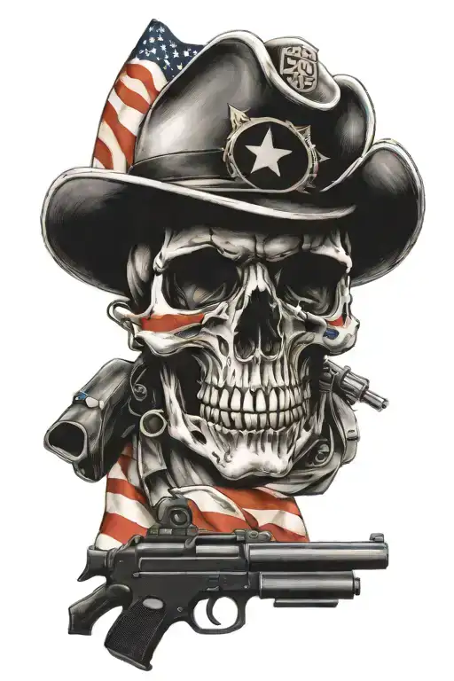 A minimalist tattoo of a skull wearing a firefighter helmet, holding an American flag and guns, with your family members' names subtly incorporated into the design tattoo design idea