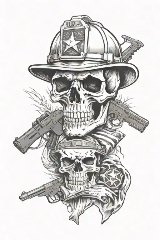 A minimalist tattoo of a skull wearing a firefighter helmet, holding an American flag and guns, with your family members' names subtly incorporated into the design tattoo design idea