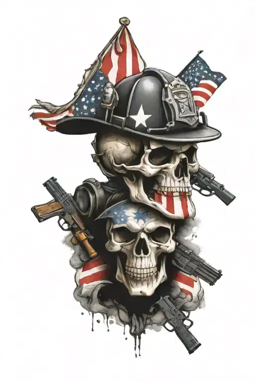 A minimalist tattoo of a skull wearing a firefighter helmet, holding an American flag and guns, with your family members' names subtly incorporated into the design tattoo design idea