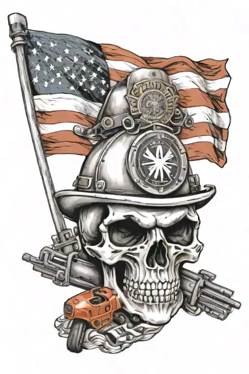 A minimalist tattoo of a skull wearing a firefighter helmet, holding an American flag and guns, with your family members' names subtly incorporated into the design tattoo design idea