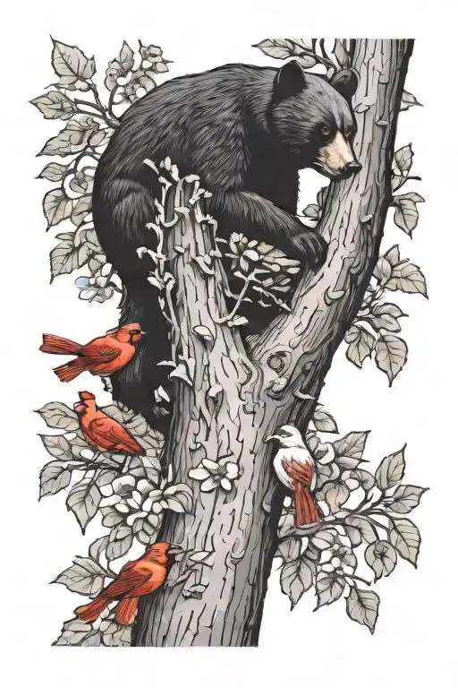 black bear with beehive in tree with cardinals  tattoo design idea