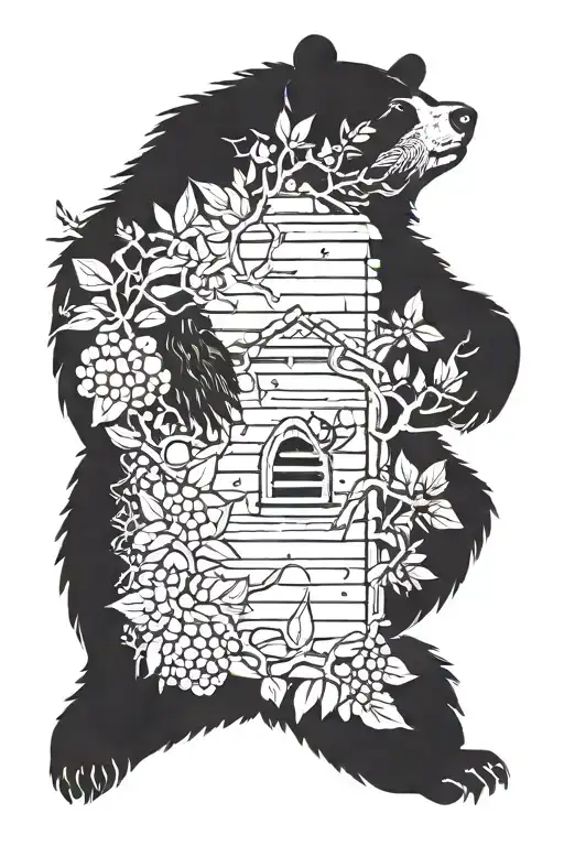 beehive bees black bear with  tree with cardinals  tattoo design idea