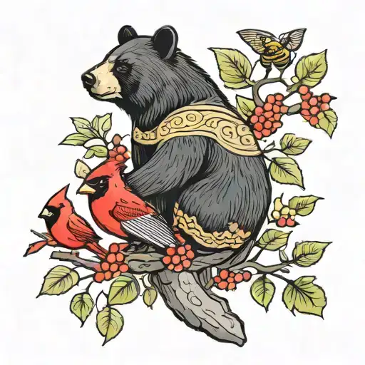 beehive bees black bear in tree with cardinals  tattoo design idea