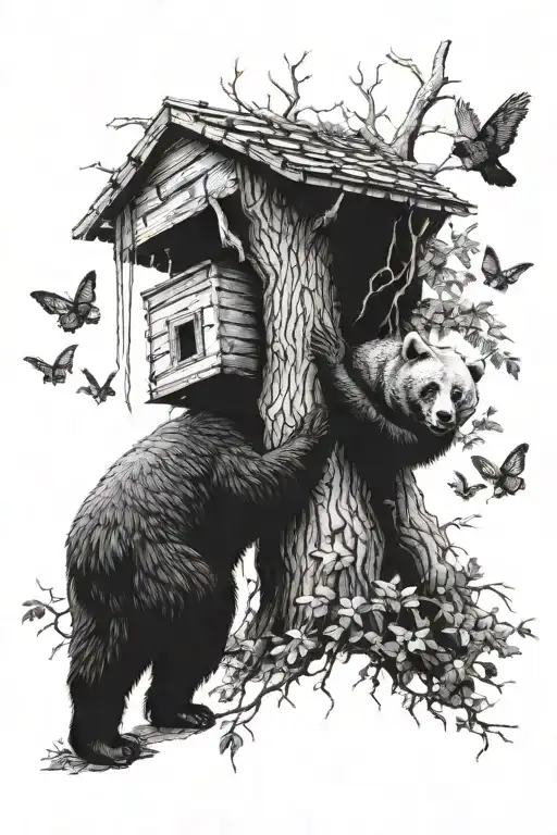 honey beehive in tree with black bear trying to take it tattoo design idea