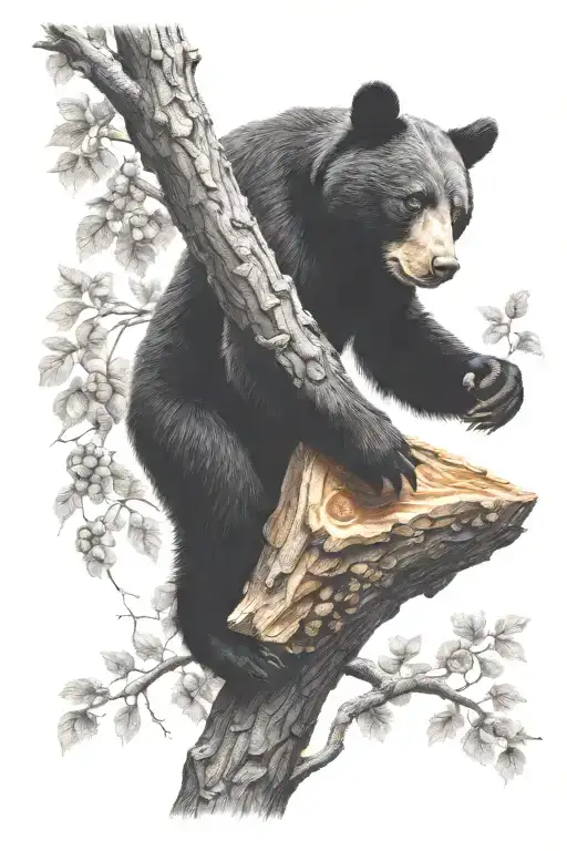 honey beehive hanging on tree branch with black bear cub trying to reach it tattoo design idea