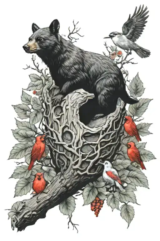 black bear deer bees nest tree with cardinals tattoo design idea