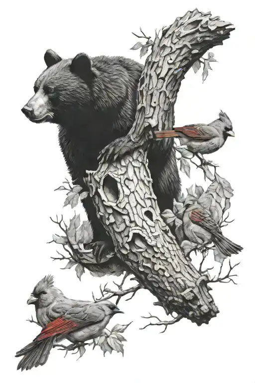 black bear beehive buck tree cardinals   tattoo design idea
