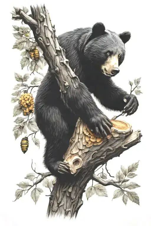 honey beehive hanging on tree branch with black bear cub trying to reach it tattoo design idea