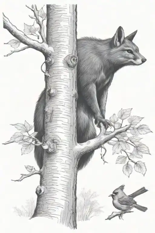 buck beside tree, beehive with honey, cardinals on branch  tattoo design idea