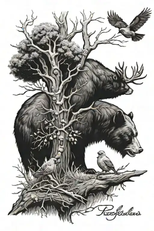 buck under tree with black bear beehive and cardinals  tattoo design idea