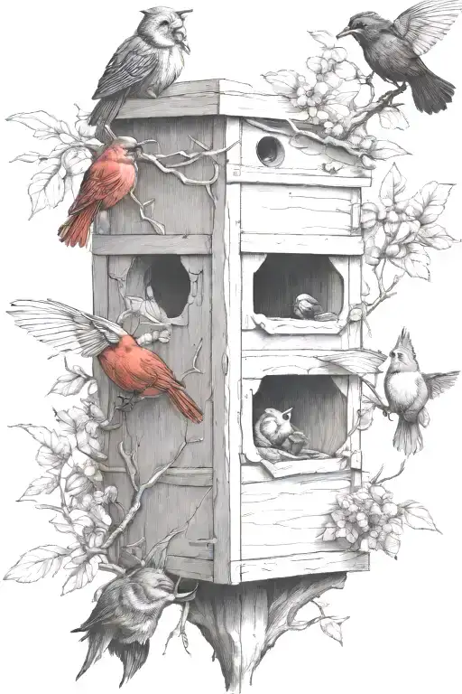 black bear deer bees nest tree with cardinals tattoo design idea