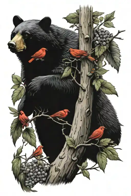 beehive bees black bear with  tree with cardinals  tattoo design idea