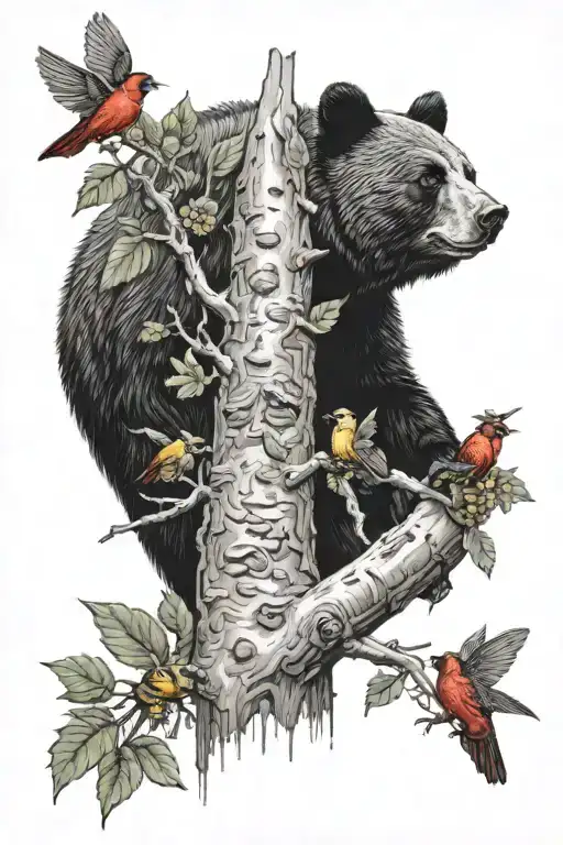 beehive bees black bear with  tree with cardinals  tattoo design idea