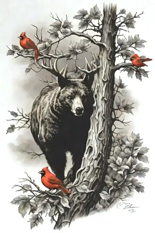 buck under tree with black bear beehive and cardinals  tattoo design idea