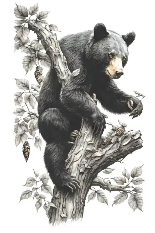 black bear climbing tree to get to honey beehive with bear cub tattoo design idea