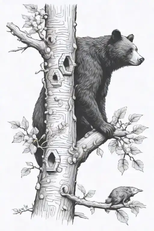 black bear honey  beehive hanging in tree tattoo design idea
