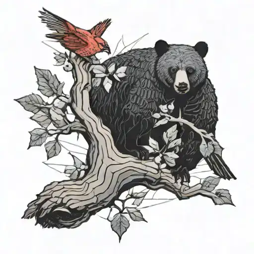 beehive bees black bear in tree with cardinals  tattoo design idea