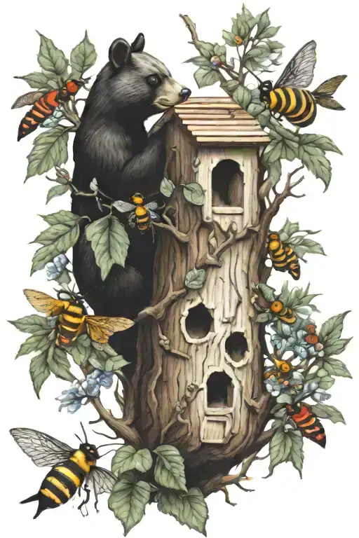 beehive bees in tree black bear cardinals and deer tattoo design idea