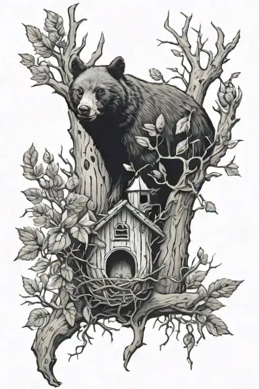 black bear deer bees nest tree with cardinals tattoo design idea