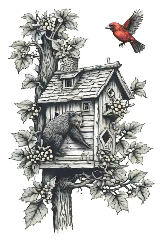 black bear beehive tree cardinals buck   tattoo design idea