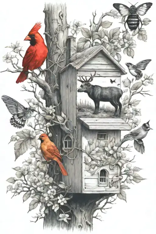 deer bees beehive honey black bear tree cardinal tattoo design idea