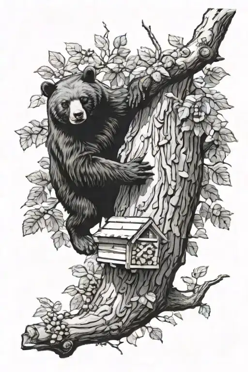 honey beehive hanging on tree branch with black bear trying to reach it tattoo design idea