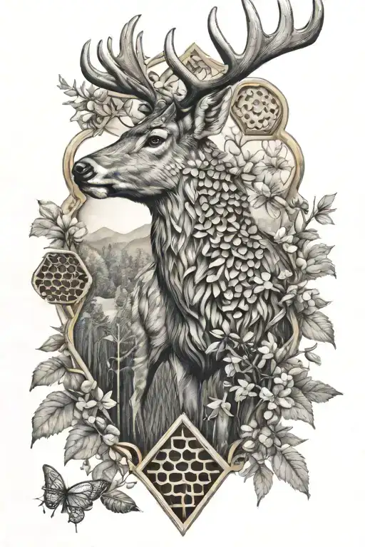 deer woodland bear cardinal bees honeycomb tattoo design idea
