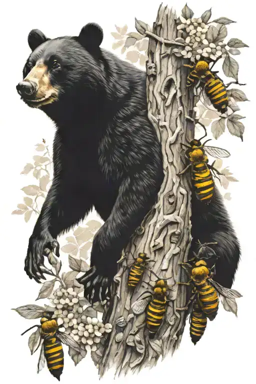 beehive bees in tree black bear tattoo design idea