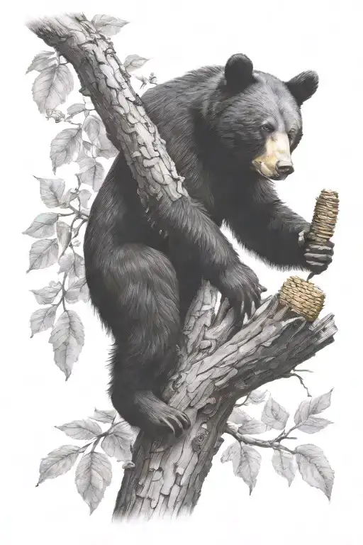 black bear climbing tree to get to honey beehive with bear cub tattoo design idea