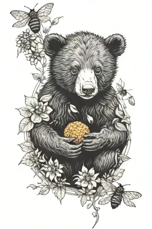 black bear cub holding honey nest with bees tattoo design idea