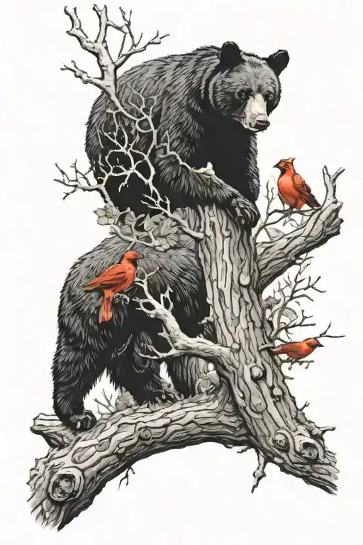 black bear with beehive in tree with cardinals, deer stag in background tattoo design idea