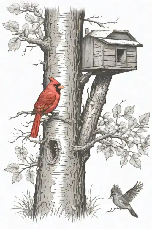buck beside tree, beehive with honey, cardinals on branch  tattoo design idea