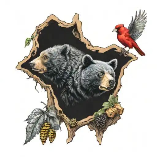 black bear head, stag, bee hive bees, cardinals, tree tattoo design idea
