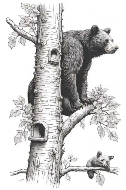 black bear honey  beehive hanging in tree tattoo design idea