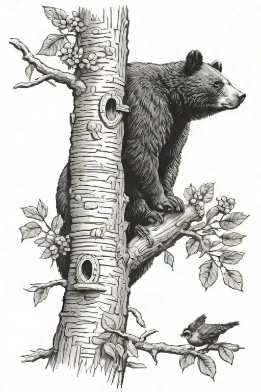 black bear reaching up to beehive for honey in a tree and cardinal on branch tattoo design idea