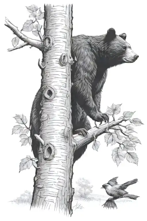 black bear reaching up to beehive for honey in a tree and cardinal on branch. buck standing below tree tattoo design idea