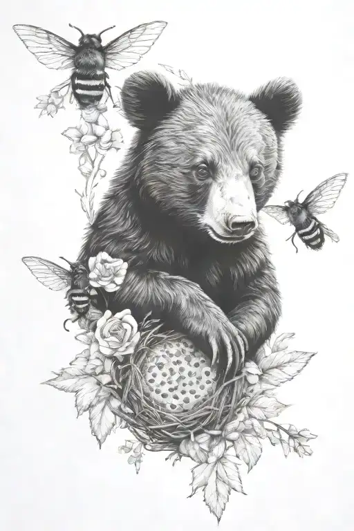 black bear cub holding honey nest with bees cardinals  tattoo design idea
