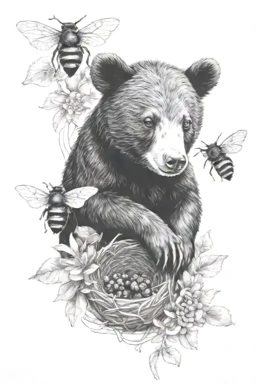 black bear cub holding honey nest with bees tattoo design idea