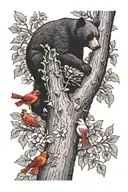 black bear with beehive in tree with cardinals  tattoo design idea