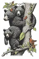 black bear with beehive in tree with cardinals  tattoo design idea
