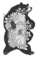 beehive bees black bear with  tree with cardinals  tattoo design idea