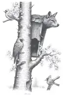 buck beside tree, beehive with honey, cardinals on branch  tattoo design idea