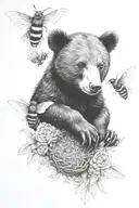 black bear cub holding honey nest with bees cardinals  tattoo design idea