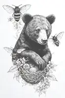 black bear cub holding honey nest with bees cardinals  tattoo design idea