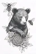 black bear cub holding honey nest with bees tattoo design idea